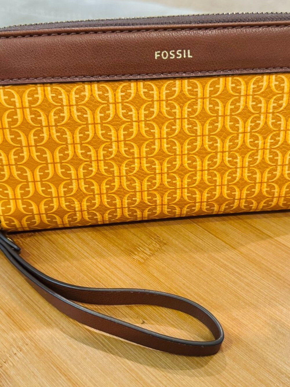 Fossil Yellow Monogram Print Zip-Around Wristlet Wallet